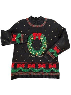 1990's Christmas Sweater Wreath Bells Stars Embroidered Marisa Christina XL